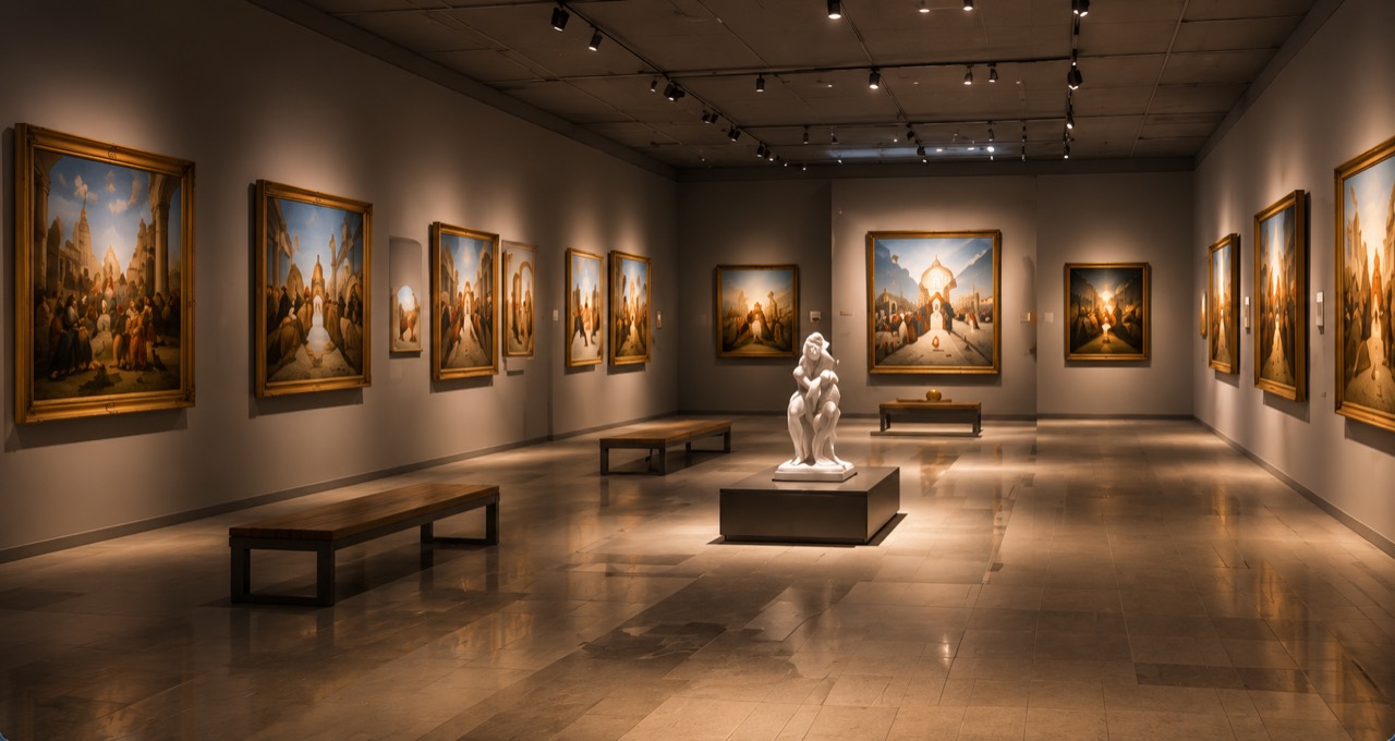 Hochwertige virtuelle Museumsgalerie mit Gemälden und einer Skulptur