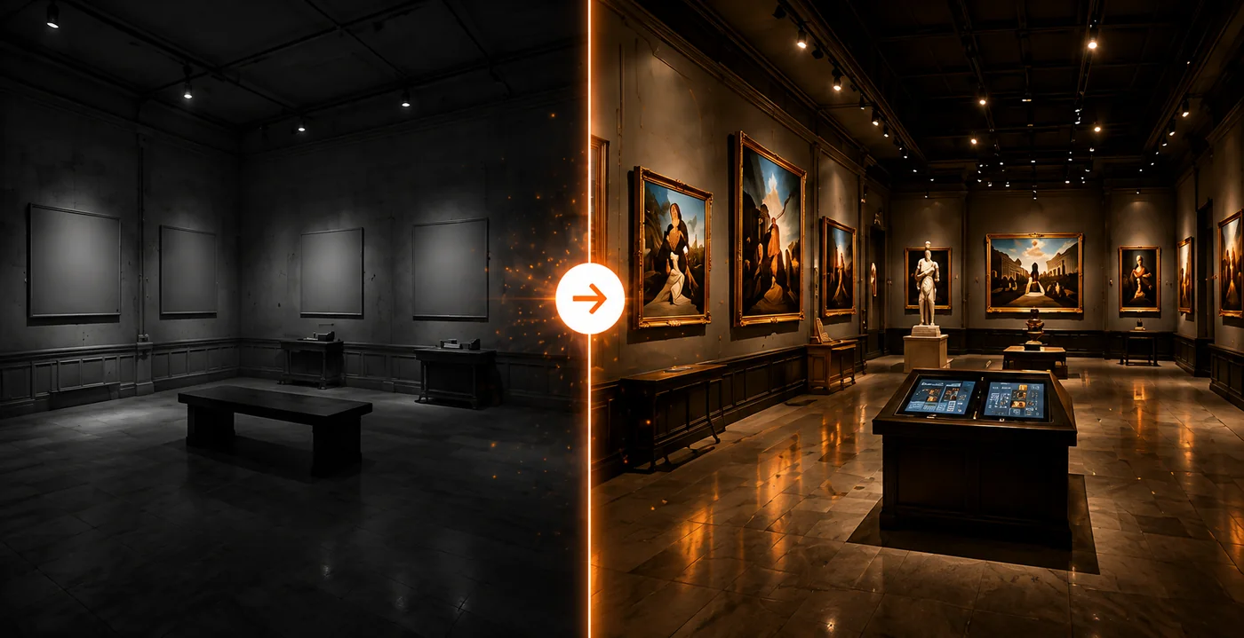 Museum exhibition scene before and after AI design