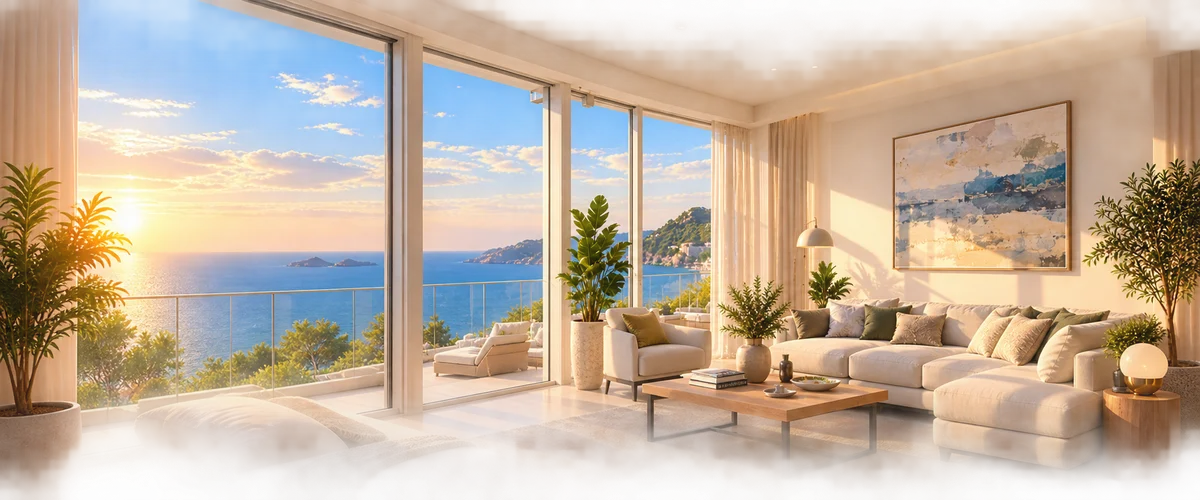 Sunlit living room overlooking the sea in an immersive virtual experience