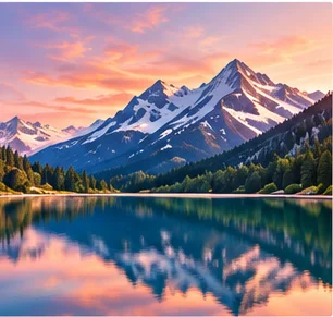 Mountain lake panorama transformed into a sunset scene