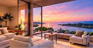 A modern seaside living room at sunset