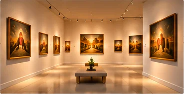 Virtual art museum with warmly lit paintings